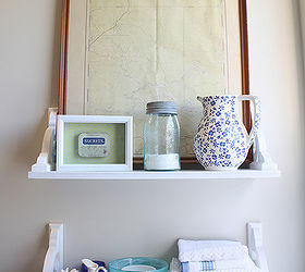 vintage inspired diy shelves, bathroom ideas, shelving ideas, After attaching the shelves to the wall using drywall anchors I was able to amp up the vintage charm by layering in pieces from my collection not all of them old