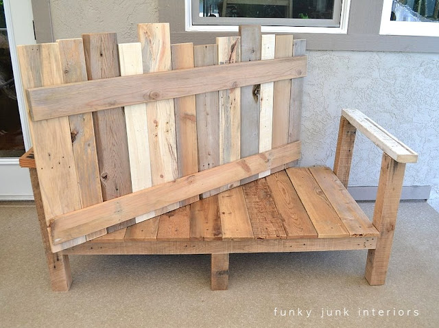 make an outdoor pallet sofa that s comfy and cute, home decor, outdoor furniture, outdoor living, painted furniture, pallet, patio, The base was then planked up as well as a separate piece for the backer board Since this sofa stays put the backing simply leans on the house