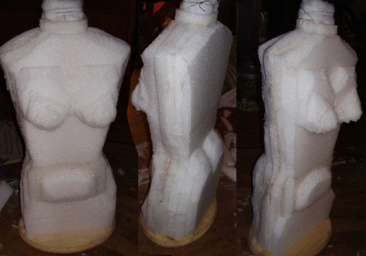 make your own dress form or mannequin, three sided view of roughed in form shape