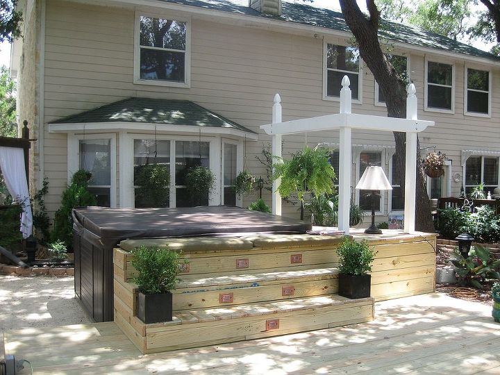 backyard construction of hot tub decking, decks, outdoor living, pool designs, spas, Finished stairs leading to tub