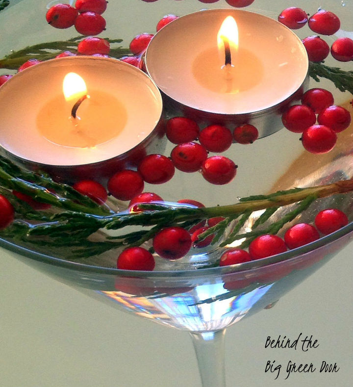 martini glass holiday centerpiece, christmas decorations, seasonal holiday decor, Martini Glass berries tea light candles and greenery Easy Peasy
