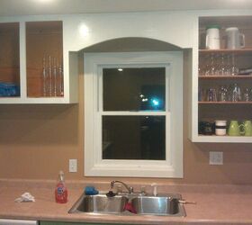 from green to a dream our kitchen cabinets get painted, doors, kitchen cabinets, kitchen design, painting, woodworking projects, Now the green can be fixed with a little bit of white