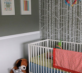 using gray paint to stencil, painting, birch forest stenciled gray nursery