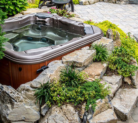 want to see an awesome pool and spa in a small backyard, landscape, outdoor living, ponds water features, pool designs, spas, Bullfrog spa hidden in the boulders and landscaping