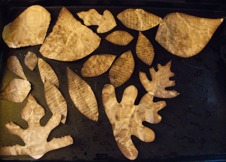 aged paper leaves tutorial and template, crafts, repurposing upcycling, seasonal holiday decor, after baking the tea soaked leaves for just a bit you have some fabulous accessories for decorating for fall