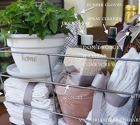 diy home flowerpot housewarming basket, crafts, gardening, home decor, I added ribbon to fancy up the household items that are practical but not that pretty
