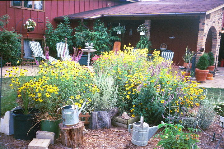 tjndb hl habitat gardens, flowers, gardening, outdoor living, Another angle shot of the front garden using watering cans and wood pieces etc