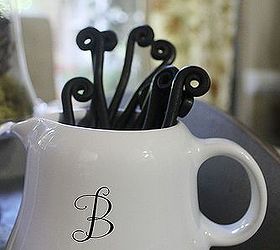 adding summer freshness to your home for free, flowers, home decor, A small white pitcher with a cute little B monogram filled with curly handled spoons and forks