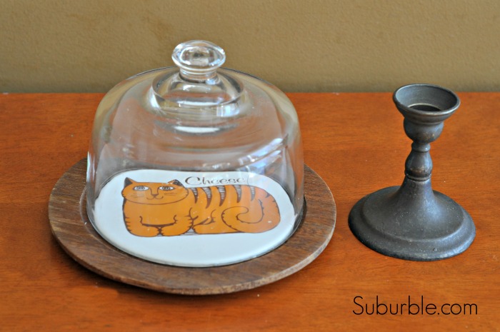 make your own cloche, christmas decorations, crafts, decoupage, repurposing upcycling, seasonal holiday decor, A thrifted cheese plate and candlestick are the thrifted finds necessary for this upcycle
