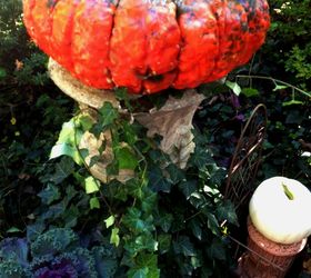 fall garden inspiration, gardening, halloween decorations, seasonal holiday d cor, I filled my large vintage urn with this huge pumpkin It had such interesting colors and textures