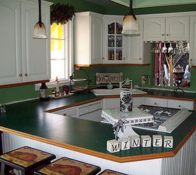 i painted my ugly formica counters to look like faux granite, This was the countertops BEFORE yup hunter green formica with fancy wood trim LOL