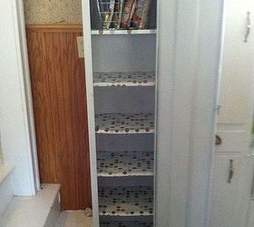 old metal cabinet turned into pantry, painted furniture, Shelves are lined with polka dot contact paper