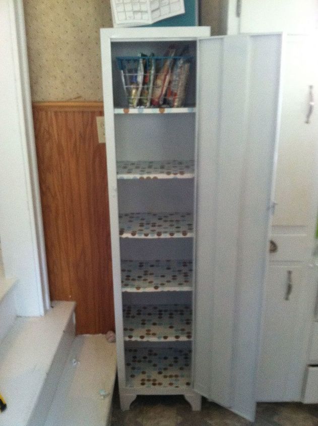 old metal cabinet turned into pantry, painted furniture, Shelves are lined with polka dot contact paper