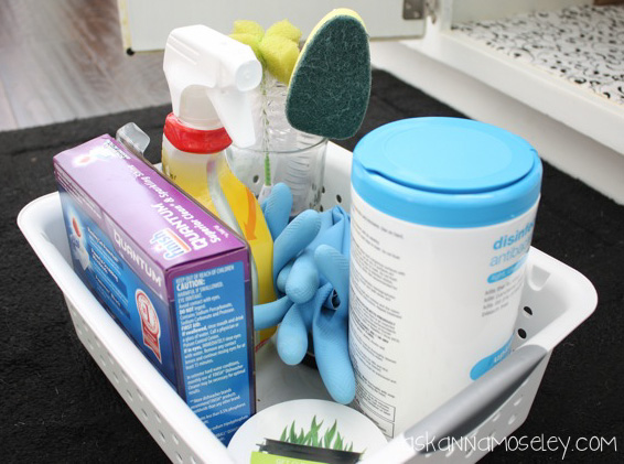 under the kitchen sink organization, organizing, I used this basket to organize all my cleaning supplies under the sink so everything is right there when I need it