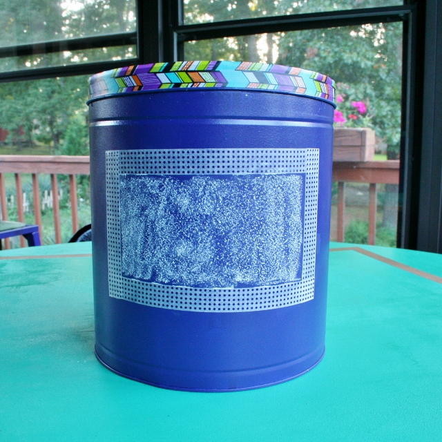 upcycled popcorn tin into charcoal bin, chalkboard paint, crafts, repurposing upcycling, Prime your chalkboard surface by rubbing chalk all over it This will ensure your first marks won t be engrained in there forever