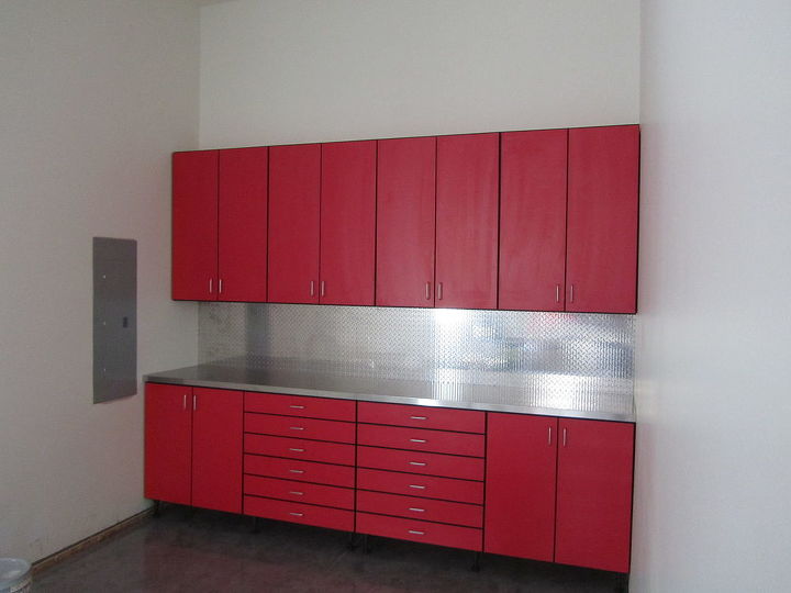 organizing the garage with ferrari red cabinetry, garages, organizing, storage ideas
