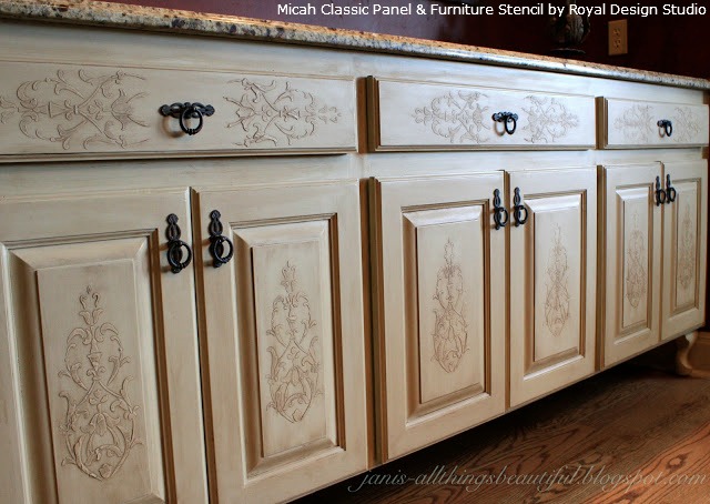 fab diy furniture stenciling ideas with royal design studio stencils, painted furniture, Try stencil embossing applying plaster through a single layer stencil to create a carved effect on cabinet doors and drawers