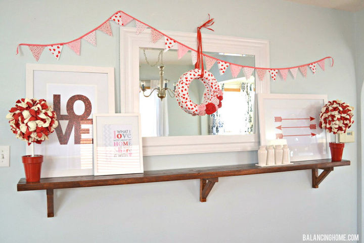 valentine mantle shelf and printables, crafts, seasonal holiday decor, valentines day ideas, wreaths, Valentine Mantle Shelf Vignette with Free Printables Balloon Topiary Wreath and Fabric Bunting
