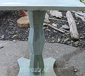my duo color french invoice parlor table before and after, painted furniture, I wanted the leg of the table to stand out more so I painted it in a two tone blue and green