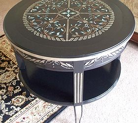 salvage table becomes an elegant keeper with paint and stencils, painted furniture, A coat of varnish finished the job and now I have a unique beautiful and high quality table for my own living room