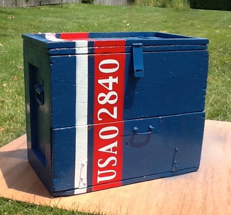toolbox turned nightstand, bedroom ideas, home decor, painted furniture, The red white and blue with zip code monogram will work perfectly in the map bedroom I m putting together I can t wait to reveal it finished next week
