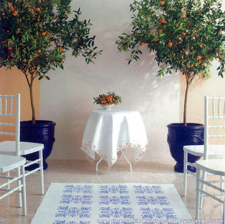 stenciled outdoor rugs, flooring, outdoor living, painting, If Martha likes it it HAS to be good Martha Stewart Weddings featured this fab idea for a stenciled wedding runner with our Florentine Tile stencil