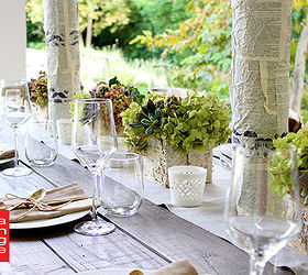 modern farm thanksgiving tablescape, seasonal holiday d cor, thanksgiving decorations, I wrapped the tall glass vases with wrinkled dictionary pages to make them look like birch branches