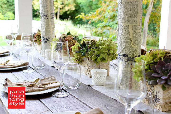 modern farm thanksgiving tablescape, seasonal holiday d cor, thanksgiving decorations, I wrapped the tall glass vases with wrinkled dictionary pages to make them look like birch branches