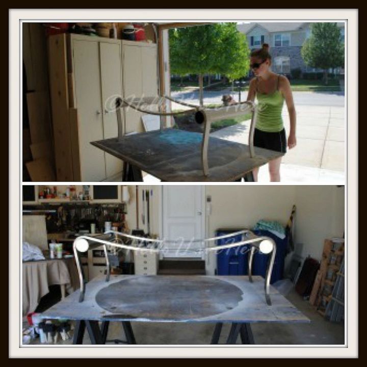 3 garage sale table frame goes bench, diy, painted furniture, repurposing upcycling, Spraying the frame with a Clear Coat to project the paint