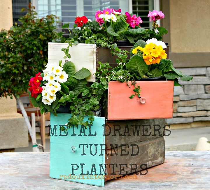 repurpose old drawers into planters, flowers, gardening, repurposing upcycling, Old Metal drawers were painted in CeCe Caldwells colors and repurposed as planters