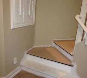 removing carpet from stairs and painting them, Replace the landing with new MDF to hide the particle board landing that was installed by the builders