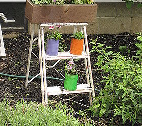 recycled gas can buckets and more, flowers, gardening, repurposing upcycling, upcycled distressed stepladder toolbox tin cans