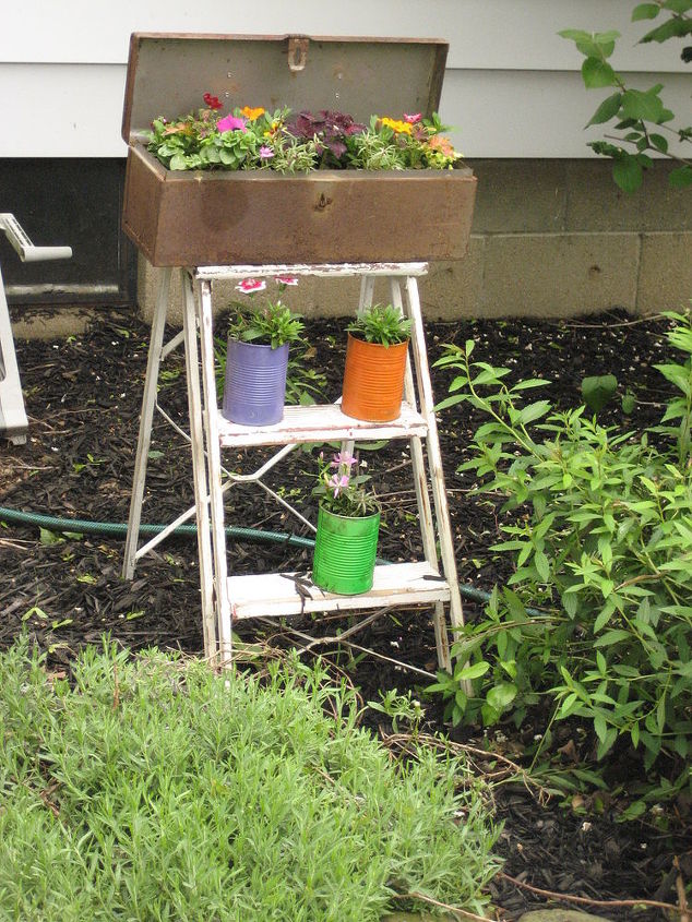 recycled gas can buckets and more, flowers, gardening, repurposing upcycling, upcycled distressed stepladder toolbox tin cans