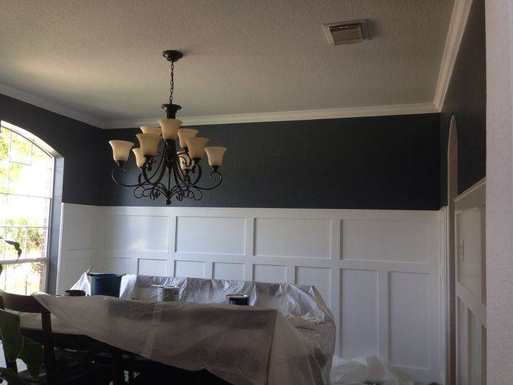 to update a boring dinning room, living room ideas, paint colors, painting, wall decor, Used charcoal color paint to complement the white wainscoat