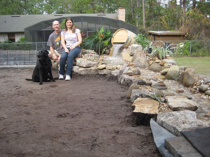 wine barrel patio pondless waterfall, ponds water features, This photo is taken after the feature was complete but the paver patio and the screen enclosure still have to be built