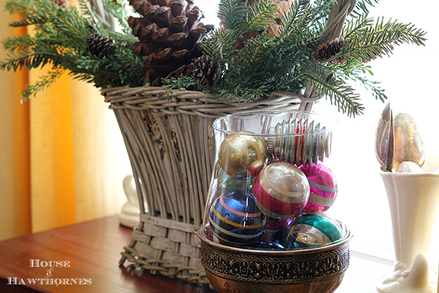 fun retro christmas dining room tour, christmas decorations, seasonal holiday decor, I ve displayed some Shiny Brites in a glass vase