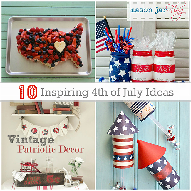10 inspiring 4th of july ideas, crafts, living room ideas, mason jars, pallet, patriotic decor ideas, seasonal holiday decor, wreaths, Top Left Fourth of July Cake via Jacks Kate Top Right Mason Jar Flag via It All Started with Paint Bottom Left Vintage Patriotic Decor via The Golden Sycamore Bottom Right 4th of July Firecracker Treat Pops via The 36th Avenue