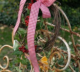 vintage recycled bird feeder, gardening, painted furniture, repurposing upcycling, A small grapevine wreath with berries was added to the top
