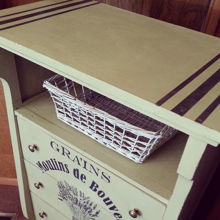 antique dresser upcycle, painted furniture, New pocket area along with grain sack striping on top