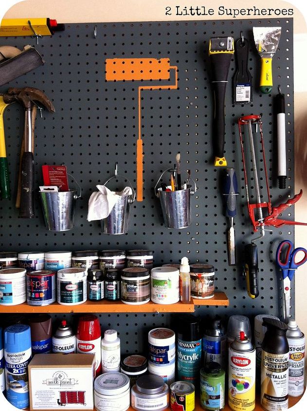 garage paint storage, cleaning tips, garages, shelving ideas, storage ideas, Use a pegboard to store all paint tools And 2 shelves for storage of spray paint and paint samples