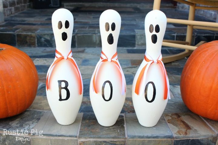 bowling pin ghosts, crafts, halloween decorations, painting, seasonal holiday decor, Finished Bowling Pin Ghosts