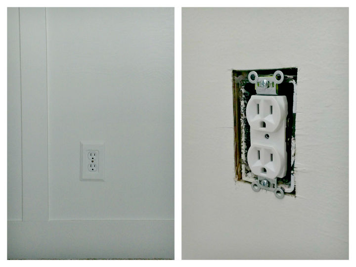 diy board and batten, bedroom ideas, diy, wall decor, woodworking projects, The outlet was replaced for a matching white and new white wood faceplates were added