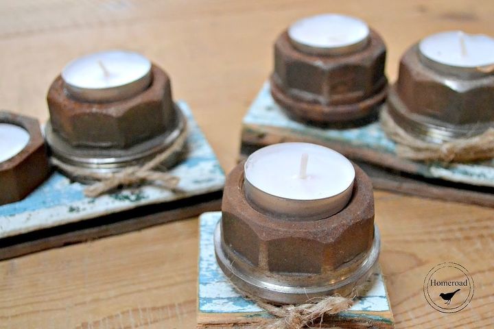 rusty plumbing bolt candle holders, home decor, repurposing upcycling