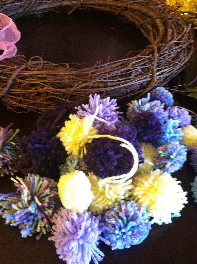 spring wreath, crafts, seasonal holiday decor, wreaths, We made this many pompoms take time