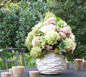 early fall outdoor party ideas, hydrangea, outdoor living, seasonal holiday decor, Beautiful Fall arrangement with hydrangea seedum and roses