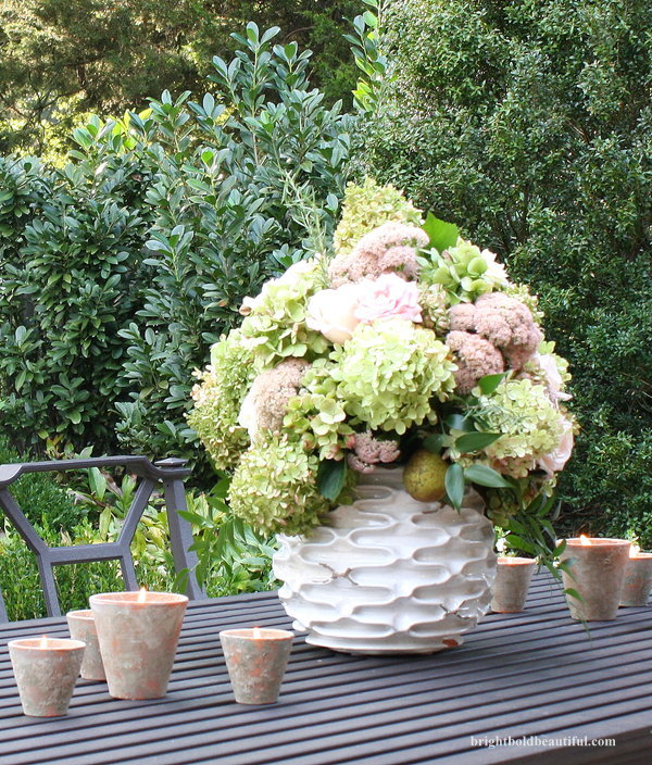 early fall outdoor party ideas, hydrangea, outdoor living, seasonal holiday decor, Beautiful Fall arrangement with hydrangea seedum and roses