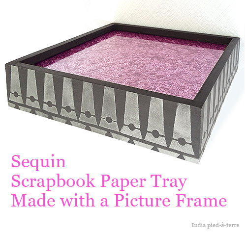 sequined stenciled tray made with a picture frame, crafts, A tray made with a deep picture frame and sequined scrapbook paper
