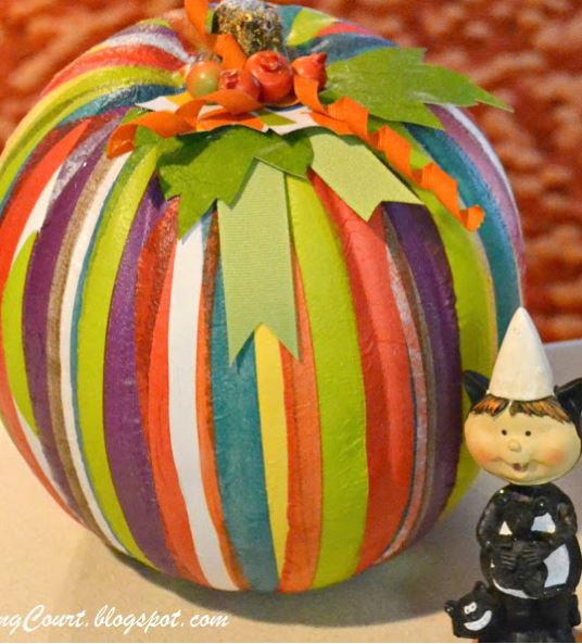 pumpkins decoupaged with decorative napkins, seasonal holiday decor, Striped pumpkins