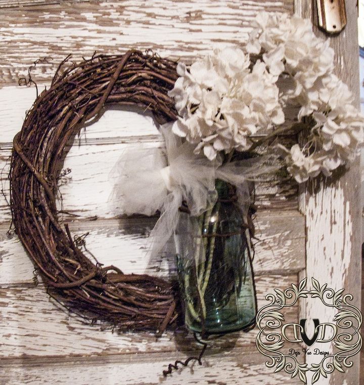 diy grapevine mason jar, crafts, mason jars, repurposing upcycling, wreaths, I think it looks really pretty against my chippy old door attached to a grapevine wreath