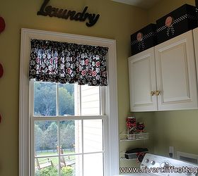 my laundry room got happy, home decor, laundry rooms, shelving ideas, I made my valance from a black red and white twill fabric which was 5 40 per yard It took 1 and 1 2 yards It s on a tension rod